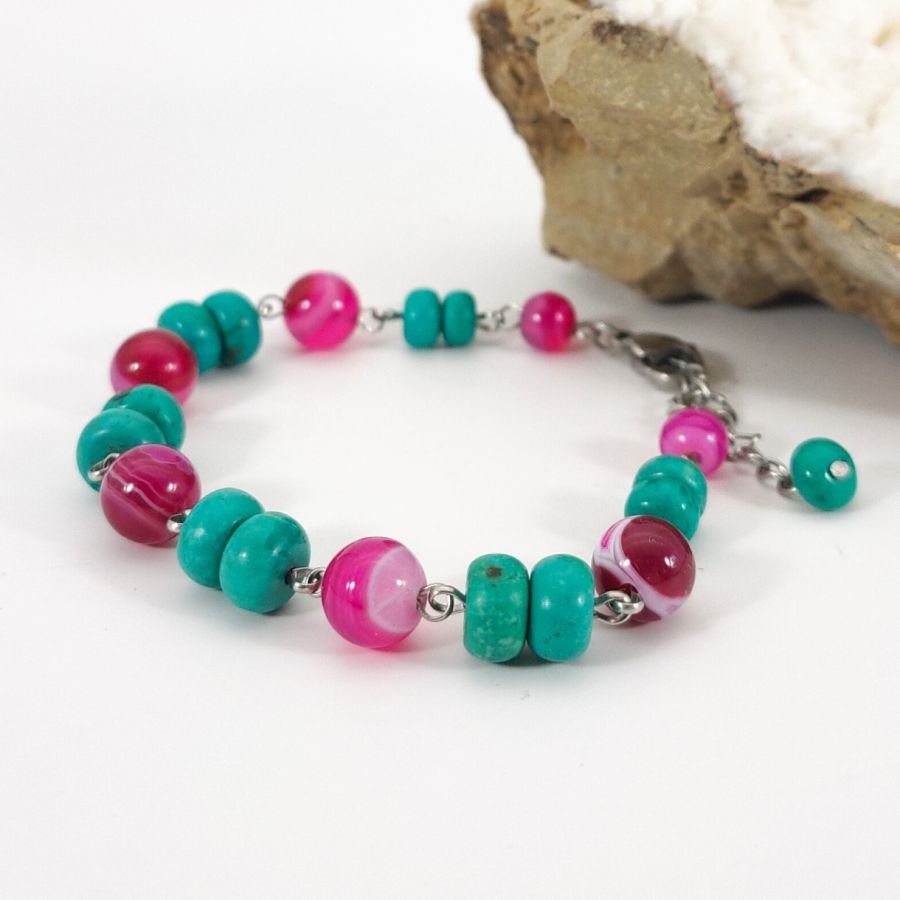 Turkis og fuchsia pink agat armbånd