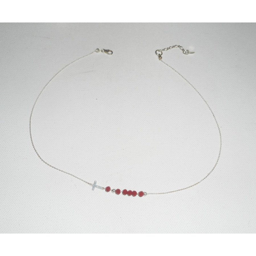 Collier ras de cou en argent 925 avec petite croix etperles en cristal rouge