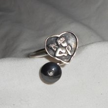 Original 925 sølv ring med engel i hjerte og hematit sten